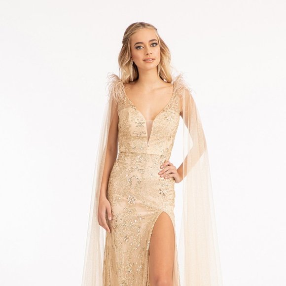 NEW LONG OFF THE SHOULDER SLEEVELESS SHEATH GOWN EMBROIDERED WITH GLITTER GL3047 - Picture 7 of 13